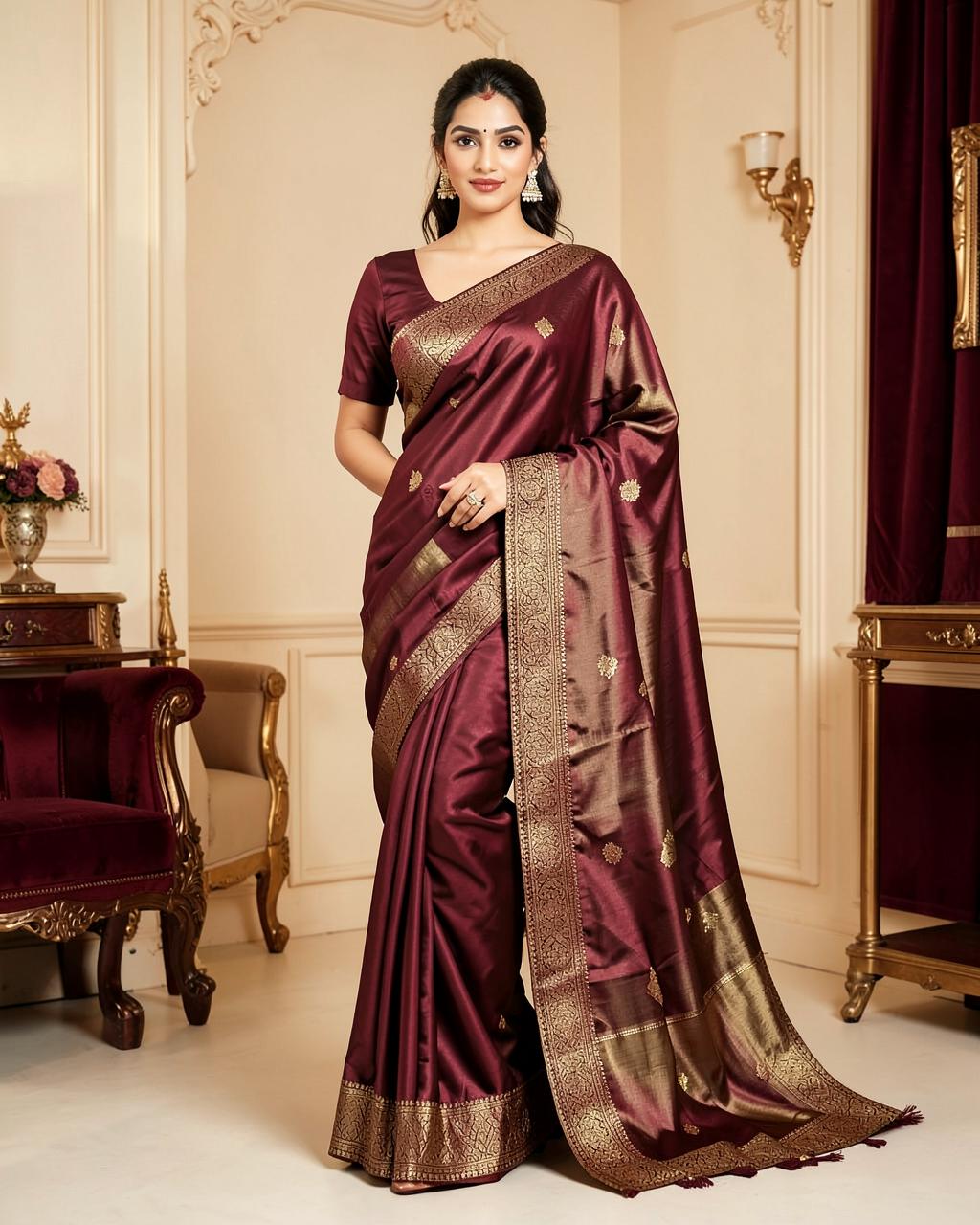Woman wearing an elegant silk saree from Sai Fashions